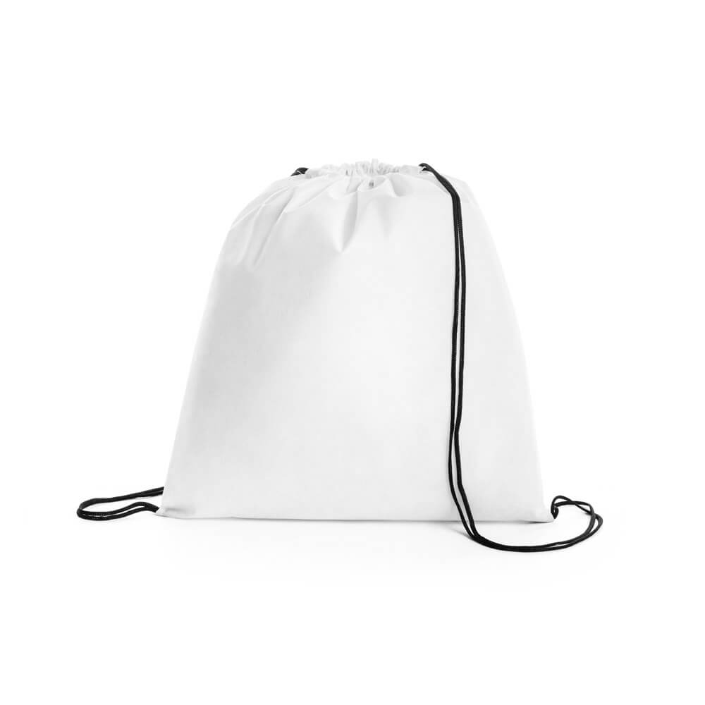 Sacola tipo mochila em non-woven (80 m/g²) termo-selado com ilhós e cordão 4/1 preto. 330 x 400 mm