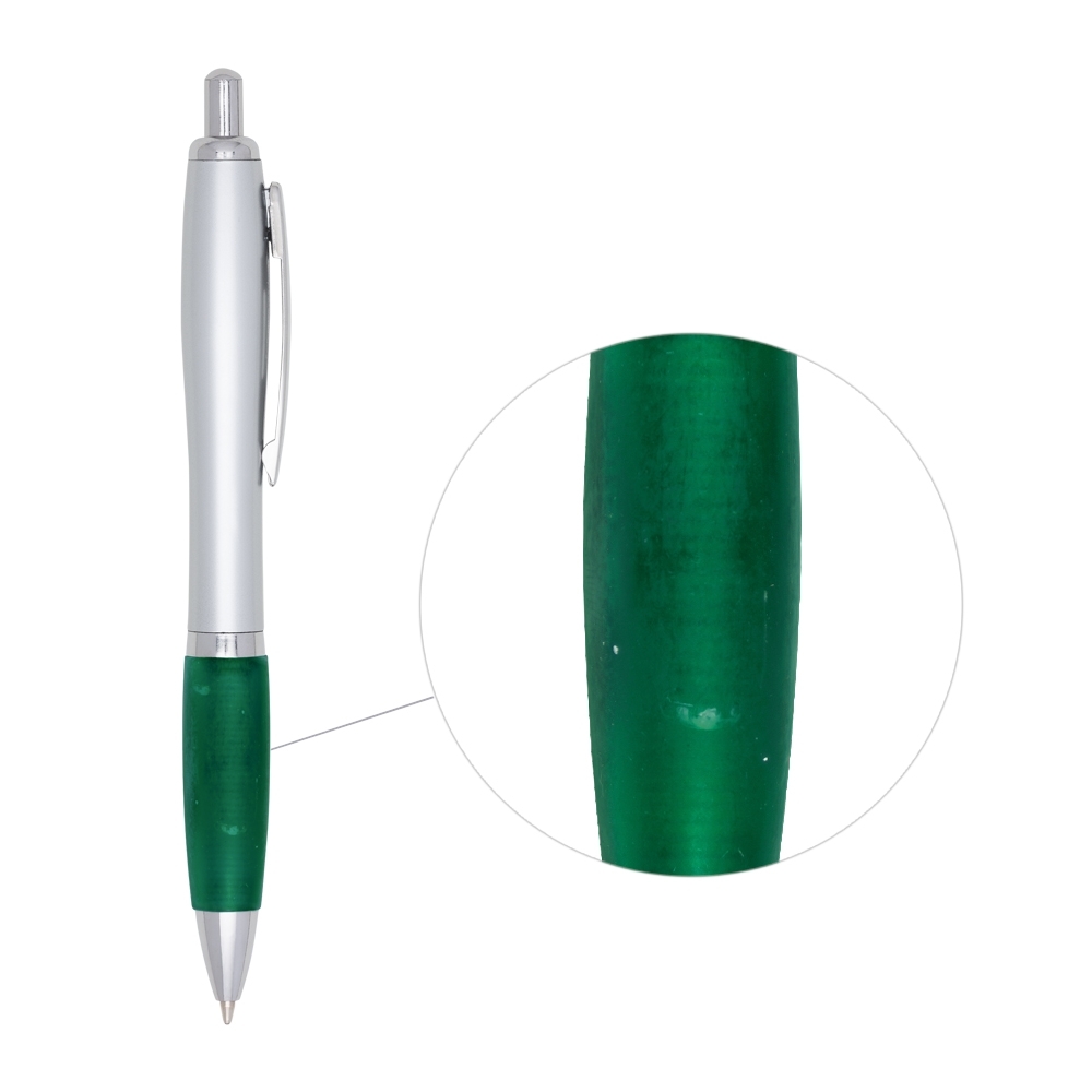 CANETA PLÁSTICA C/ DET EMBORRACHADO SPX-518*C-PRA/VD NA COR PRATA